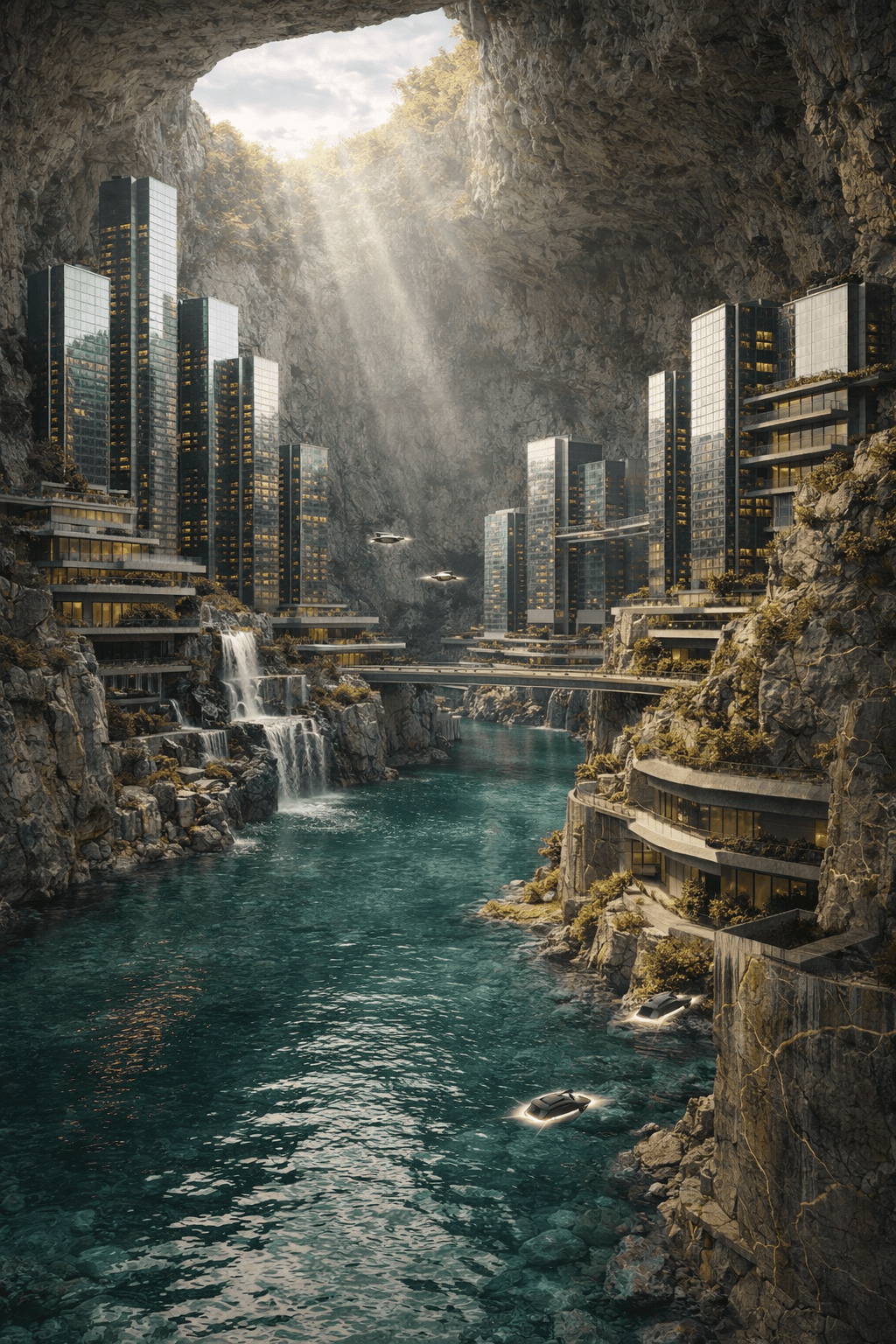 City built inside a cenote cave with skyscrapers and teal water